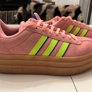 Adidas Women's Pink Sneakers with Neon Stripes